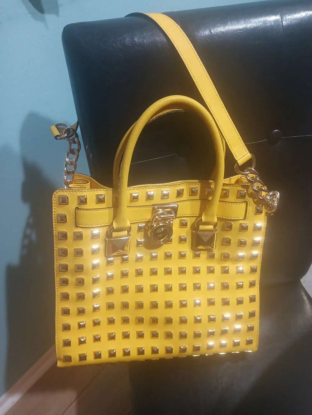 Michael Kors Yellow Studded Satchel with Gold Hardware